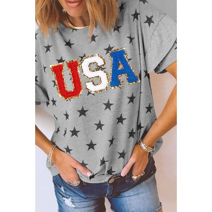 Gray USA Letter Patched Star Printed Ruffle Trim Sleeves Loose Tee