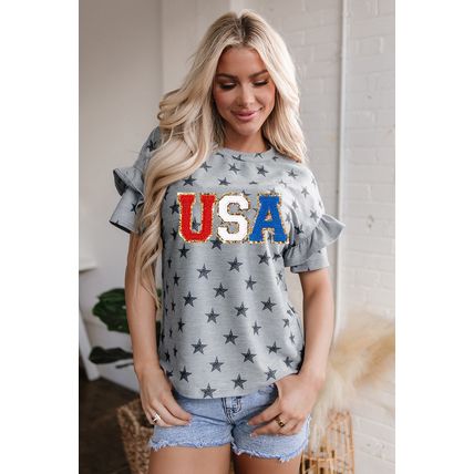 Gray USA Letter Patched Star Printed Ruffle Trim Sleeves Loose Tee
