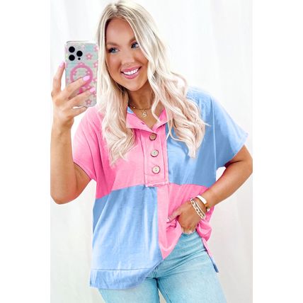 Myosotis Two Tone Half Buttons Collared T Shirt