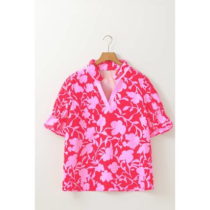 Red Floral Split V Neck Ruffled Short Sleeve Blouse Top