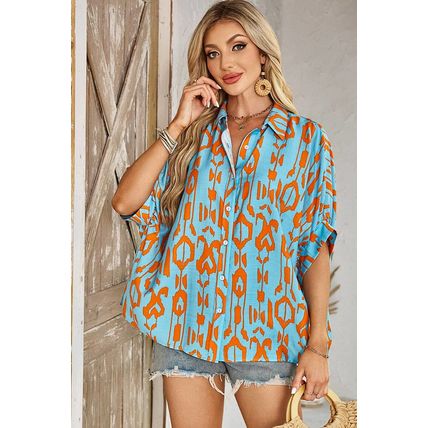 Sky Blue Abstract Print Dolman Short Sleeve Western Loose Shirt