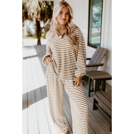 Khaki Stripe Collared Pullover Top and Drawstring Pant Set