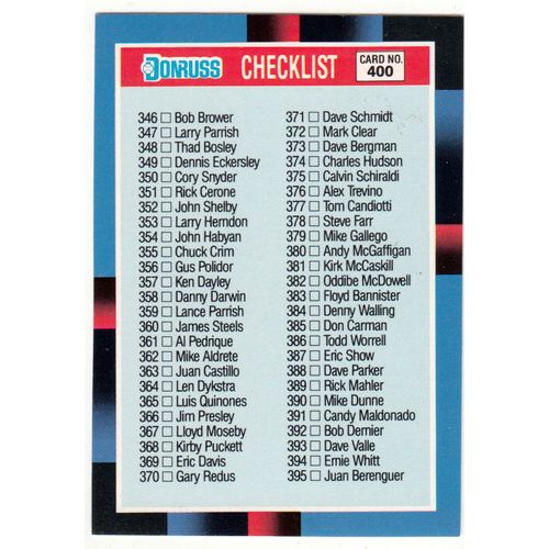 1988 Donruss Baseball Checklist unmarked card #400
