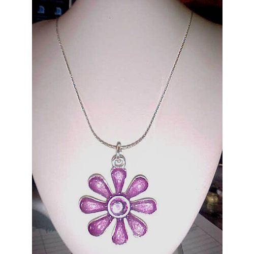 Purple Flower Necklace Large Enamel Flower Pinwheel 1-3/4 Silver Snake Chain 24"