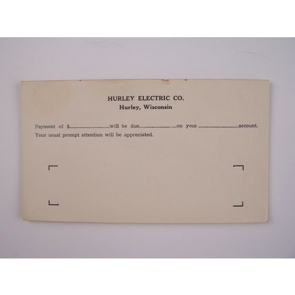 Hurley Wisconsin Electric Co Payment Due Receipt Vintage Unused