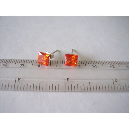 Small Earrings Square Orange Red Glass Pierced Vintage 7 mms Faceted Studs