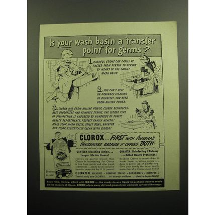 1949 Clorox Bleach Ad - Is your wash basin a transfer point for germs?