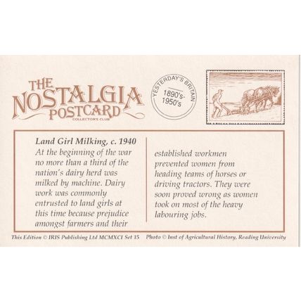The Nostalgia Postcard 1890's - 1950's - Land Girl Milking, c.1940