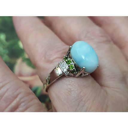 8ct Oval Larimar Diopside Zircon Solitaire Ring Sz Q½ to R Rhodium on 925 Silver