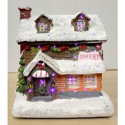 Miniature Snow Covered Light Colour Changing LED Christmas House Bakery Xmas