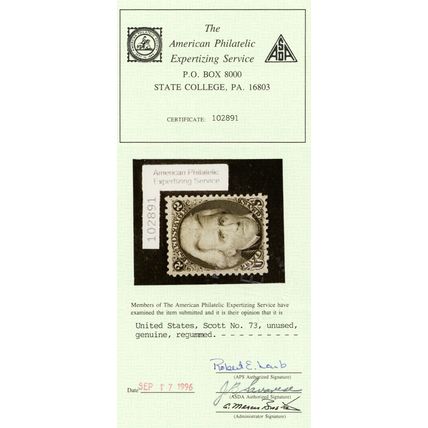 73, Unused VF (regummed) 2¢ - With APS Certificate - Stuart Katz