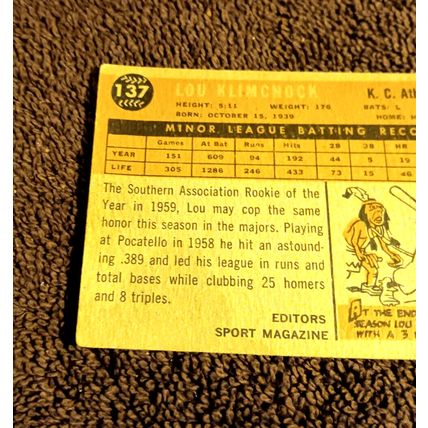 1960 Topps # 137 RC Lou Klimchock Kansas City A's 2nd Base 3.0 VG Condition