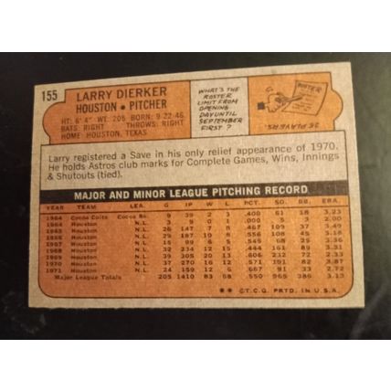 Topps 1972 #155 Larry Dierker Huston Astros Pitcher 6.0 Excellent/Mint Condition