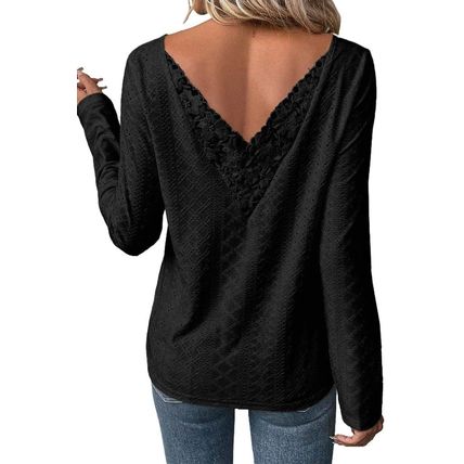 Black Floral Lace Splicing Eyelet Long Sleeve Top