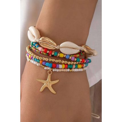 Multicolour 7pcs Starfish Seashell Beaded Bracelet Set
