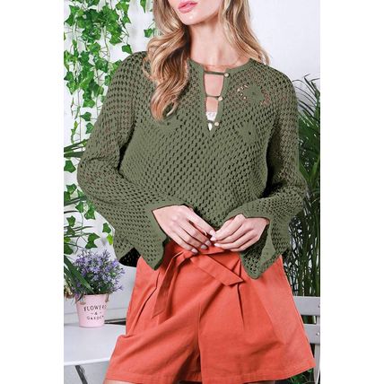 Vineyard Green Open Knit Buttoned Neck Split Sleeve Sweater