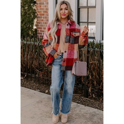 Orange Plaid Print Flap Pockets Buttoned Casual Plus Size Jacket