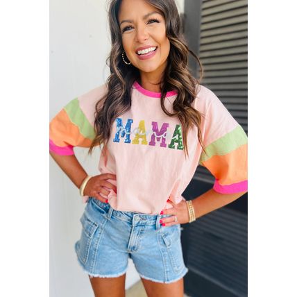 Pink Sequin MAMA Letter Graphic Color Block Patchwork Sleeve Tee