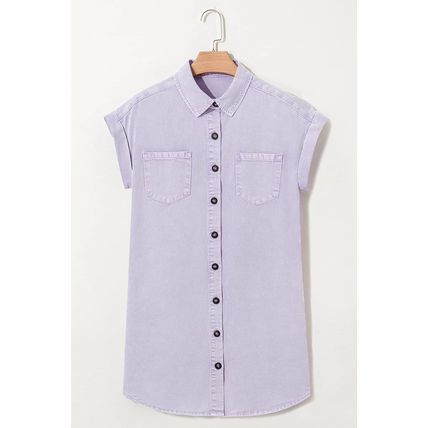 Orchid Petal Short Sleeve Double Chest Pocket Denim Shirt Dress