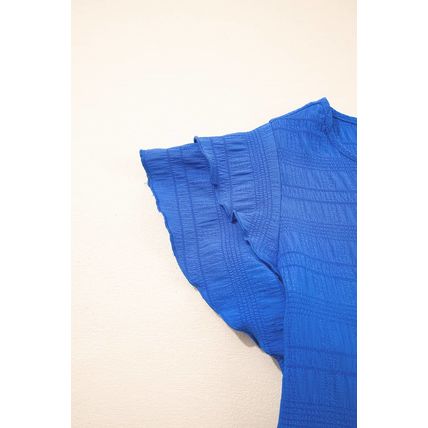Dark Blue Textured Ruffled Sleeve Round Neck Top