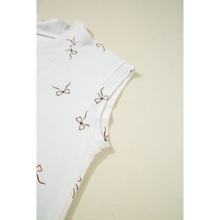 Beige Bow Print Half Zip Tank and Shorts 2pcs Set