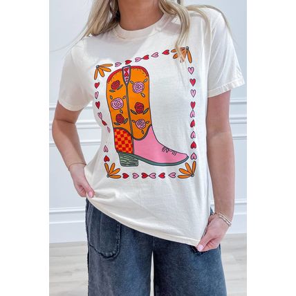 White Floral Cowgirl Boots Printed Casual T Shirt