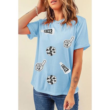Light Blue Cheer Game Day Element Sequin Patched T Shirt