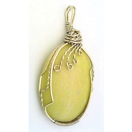 Yellow Serpentine Nickel Silver Wire Wrap Gemstone Pendant 19