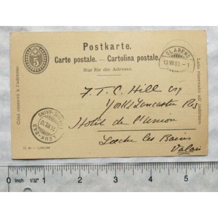 1900 postcard to Hill, York & Lancas Regt, Loeche les Baines - handstamps