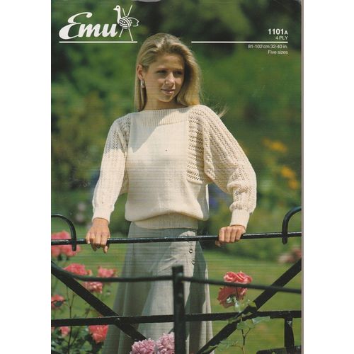 Emu 1101 Original Unused Knitting Pattern Lady's 4ply Slash Neck Sweater 32-40"