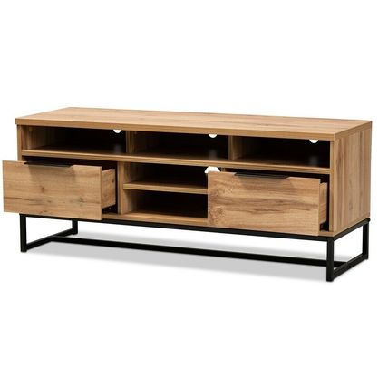 Modern Contemporary Industrial Oak Finished Wood & Black Metal 2-Drawer TV Stand