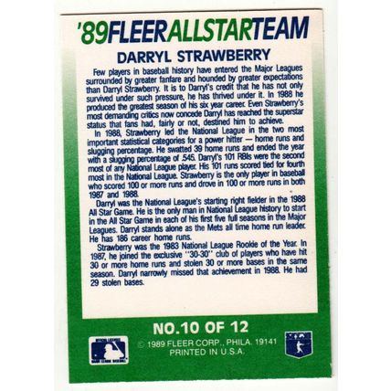 1989 Fleer All Star Team insert baseball card #10 Darryl Strawberry