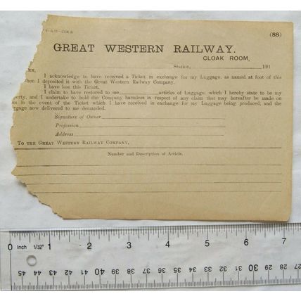 1910 unused Great Western Railway form Lost Left Luggage Ticket