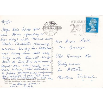 Rothay Manor Hotel Ambleside Cumbria Postcard posted 1992 crease