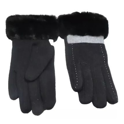 Ladies Gloves Black Stitch Design Faux Fur Edging Clothing Accessory 23.5 CM