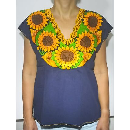 Sunflowers Embroidered Cotton Canvas Dark Navy Blue Blouse Chiapas Mexico