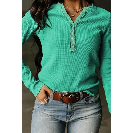 Green Trimmed Neckline Waffle Knit Henley Top