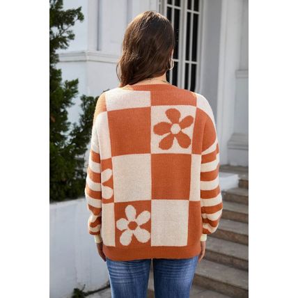 Brown Checkered Floral Print Striped Sleeve Sweater