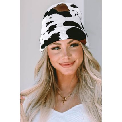 Black Cow Spots Printed Warm Beanie Hat