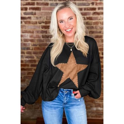 Black Studded Star Graphic Oversized Long Sleeve Top