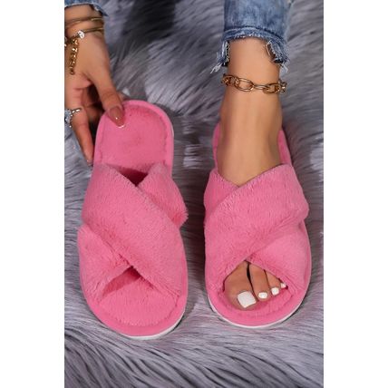Rose Red Criss Cross Open Toe Fuzzy Slippers