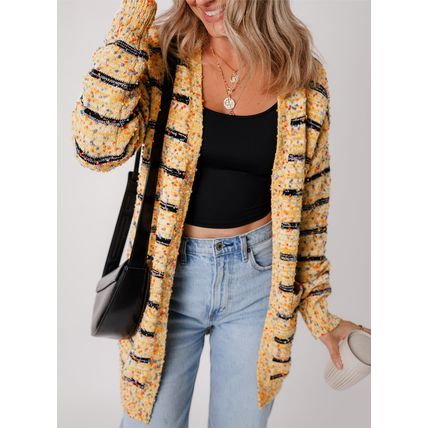 Beige Striped Pom Pom Knit Open Front Long Cardigan