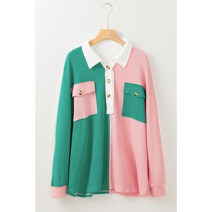 Pink Colorblock Ribbed Collared Oversized Sweatshirt