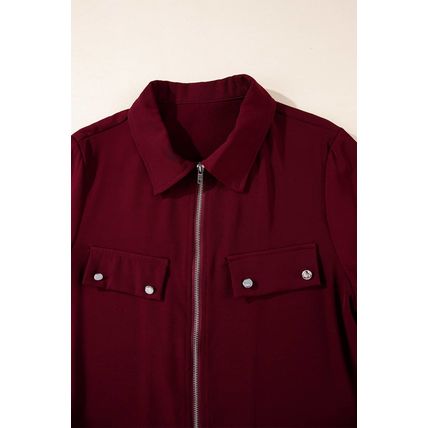 Red Dahlia Collar Tab Sleeve Zip Up Flap Detail Jacket