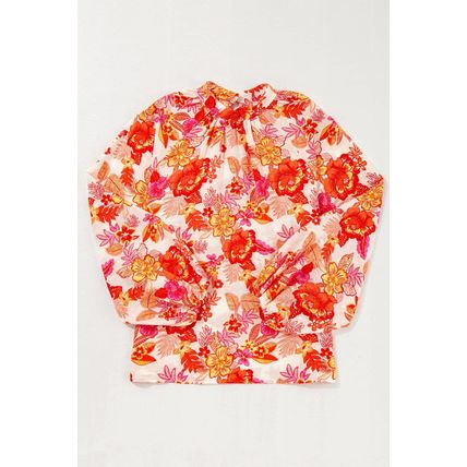 Orange Floral Print Pearl Button Keyhole Long Puff Sleeve Blouse