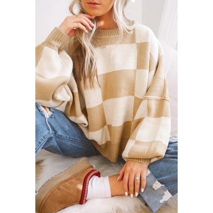 Khaki Checkered Bishop Sleeve Sweater