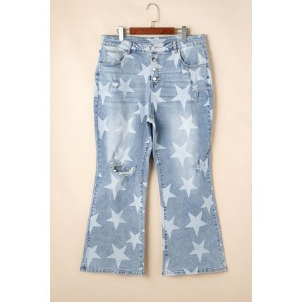 Sky Blue Star Printed Multi Buttons Slit Knee Destroyed Plus Size Jeans