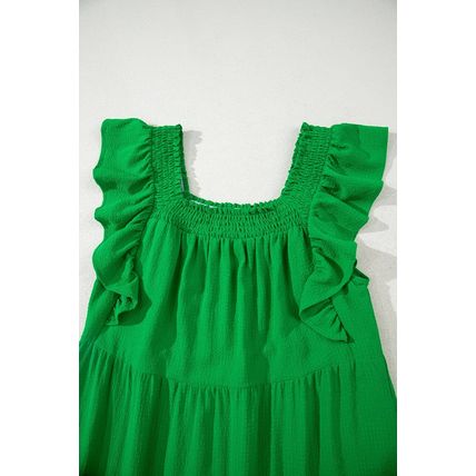 Green Ruffled Flutter Sleeve Square Neck Textured Tiered Maxi Dress