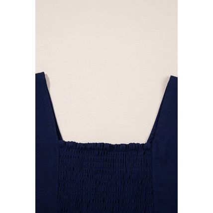 Navy Blue V Neck Buttoned Front Shirred Back Short Sleeve Midi Dress
