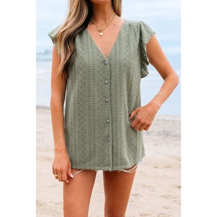 Laurel Green Flutter Sleeve Lace V Neck Shirt